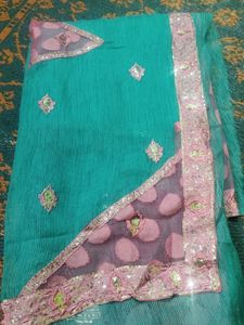 Teal &amp; Pink Sari with Embellishments