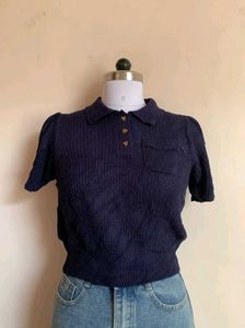 Cute Navy Knit Polo Top