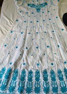 White &amp; Blue Embroidered Kurti Dress