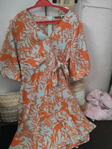 Orange & Blue Print Wrap Dress