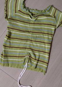 Green Striped Crop Top with Adjustable Drawstring