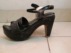 Black Block Heels With Glittered Top 4inch Heel