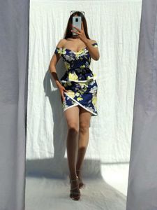 Blue Off Shoulder Floral Bodycon