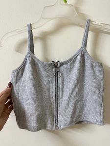 Zip-Up Ribbed Crop Top- Light Grey