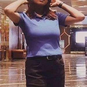 Blue Fitted Knit Cotton Top