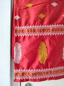 Red &amp; White Assamese Mekhala Chador(Without Blouse