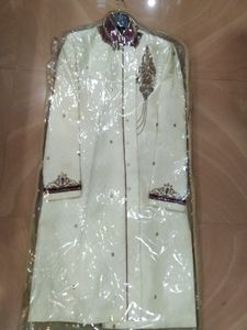 OFF WHITE GROOM SHERWANI WITH MAROON PAJAMA SET