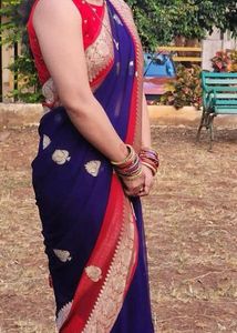 Elegant Navy Blue &amp; Red Saree