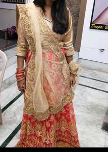 Red Lehnga With Golden Blouse