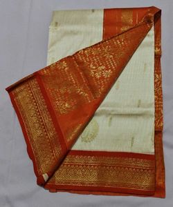 Elegant Cream &amp; Orange Silk Saree