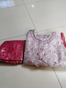 Grey pink Floral Embroidered kids dress...