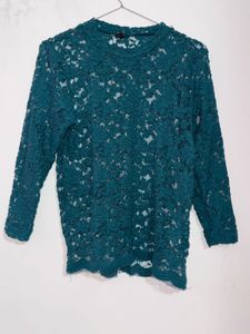 Elegant Teal Floral Lace Sheer Top