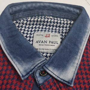 Burgundy Houndstooth Shirt with Denim Accents