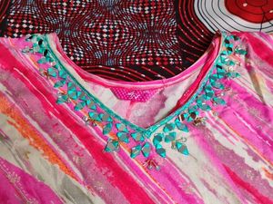 Cotton Kurti With Glass Work Around The Neck