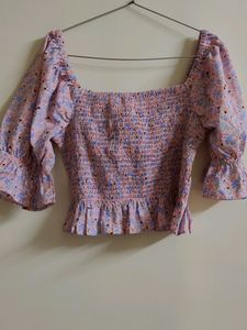 Baby Pink Colour Floral Print Smocked Top