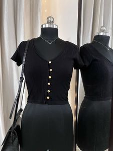 Black Front Buttoned Ribbed Top