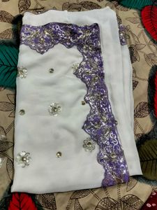 Elegant White &amp; Lilac Embroidered Saree