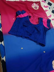 Blue &amp; Pink Embroidered Saree with blouse