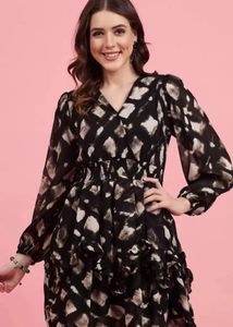 Printed V neck dress puff sleeves - 3XL