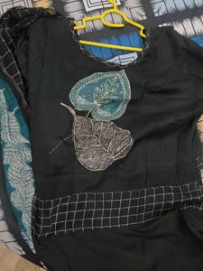 Embroidered Black Frock Style Kurta With Duppta