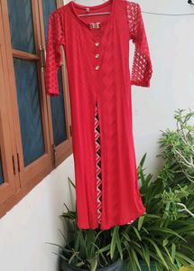 Red Net Kurta with Slit and Inner Lining