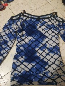 Blue & White Cold Shoulder Top