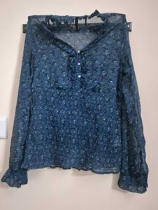 Elegant Navy Blue Floral Sheer Top – Size L