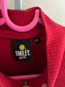 Red Ribbed Half-Zip Top