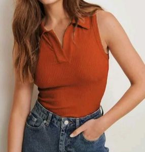 Coral Ribbed Sleeveless Top