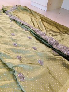 Pista olive green work saree - blouse piece