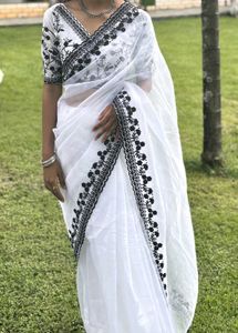 Elegant White &amp; Black Georgette Saree