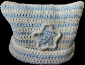 Crocheted Blue &amp; White Cat Beanie With Star Detail