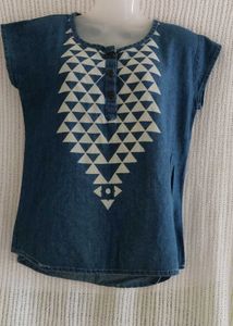 Denim Top with Geometric Print