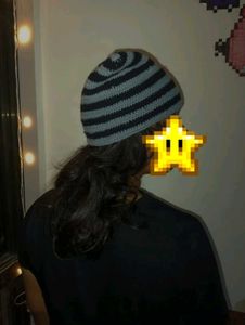 emo beanie grey and black Striped Crochet