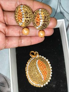 Gold-toned Pendant with Stones and Earrings