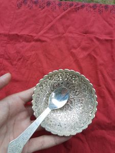 Showpiece Katori With Spoon Silver Colour Metal