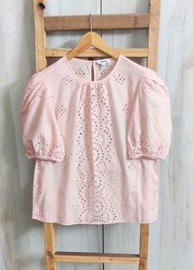 Express Eyelet Puff Sleeve Top Size-38
