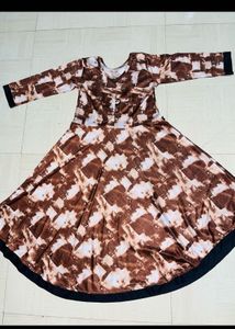 Brown &amp; White Print Anarkali Dress