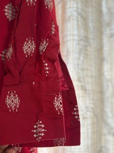 Red Print Button-Down Top And Pant Set