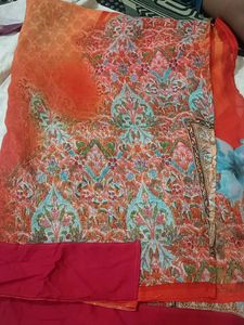 Orange Floral Print Saree