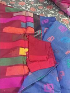 Blue &amp; Red Cotton Saree