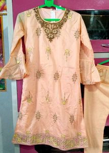 Peach Embroidered Long Frock With Suit