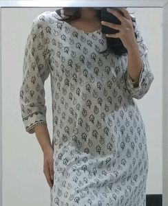 White Block Printed Straight Kurta(Tailor Made)