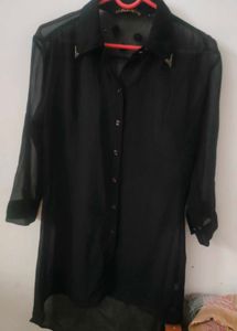 High To Low Pattern Black Georgette Shirt