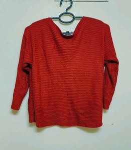 Cotton Red Ribbed Turtleneck Sweater Top Women
