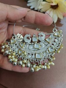 Statement Silver Kundan Hoop Earrings