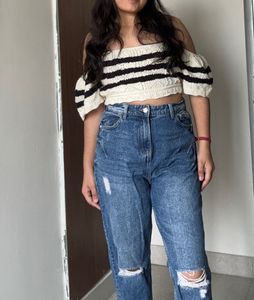 High Waisted Blue Ripped Jeans