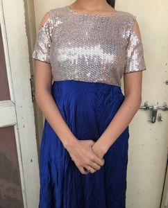 Blue Satin Gown With Siquen Choli