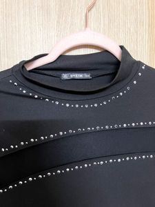 Edgy Black Mock Neck Top with Studded Cut-outs