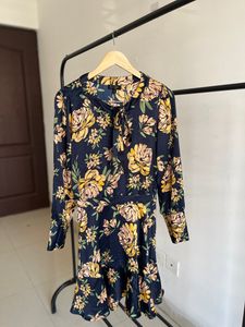 Yellow Bluish Floral Print Drop Waist Midi Dress